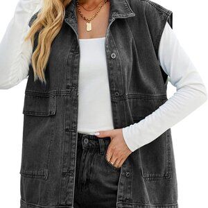 Denim Jean Vest for Women Oversized Sleeveless Button Down Denim Jean Vest Waist